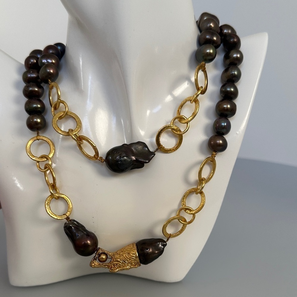 Luxurious Gold and Real Brown Pearl Necklace
